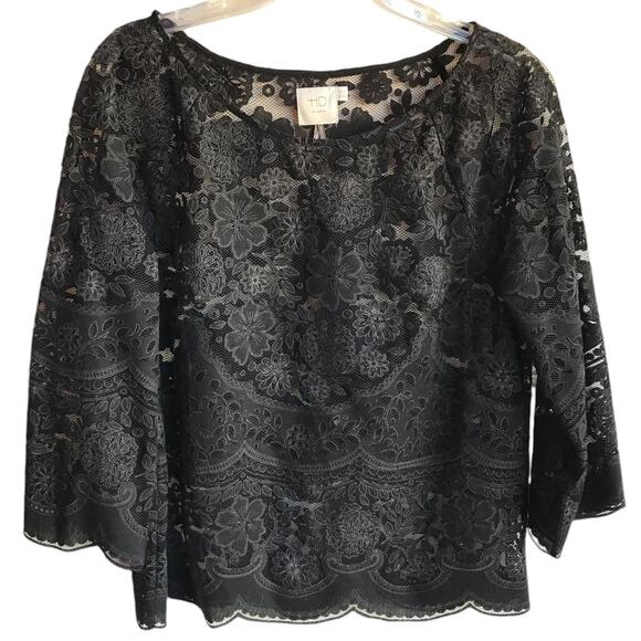 Tops - HD in Paris Mesh Popover Blouse with Lacey Pattern Overlay size 12